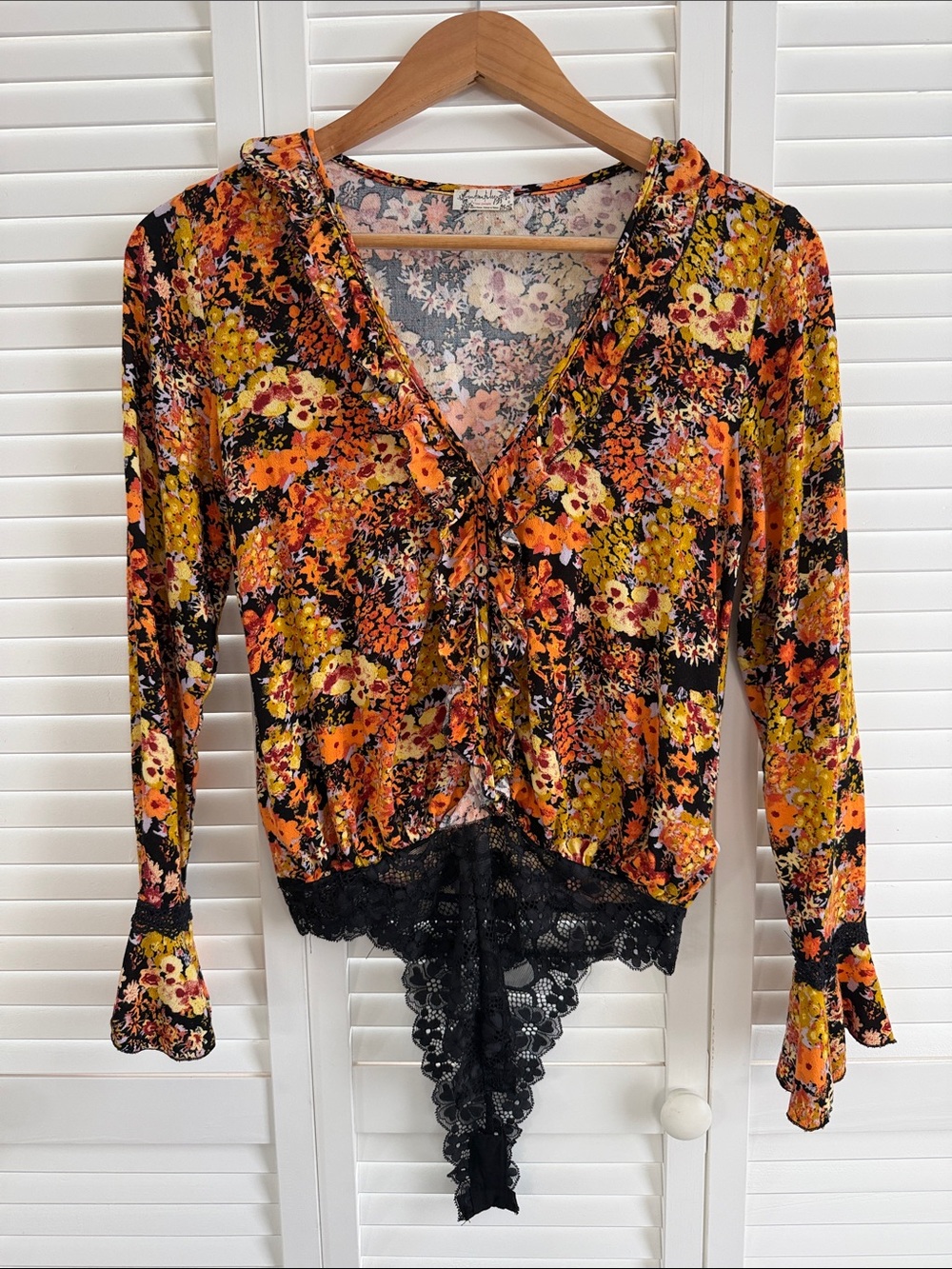 Free People Floral Lace-Trim Orange & Black Bodysuit Top